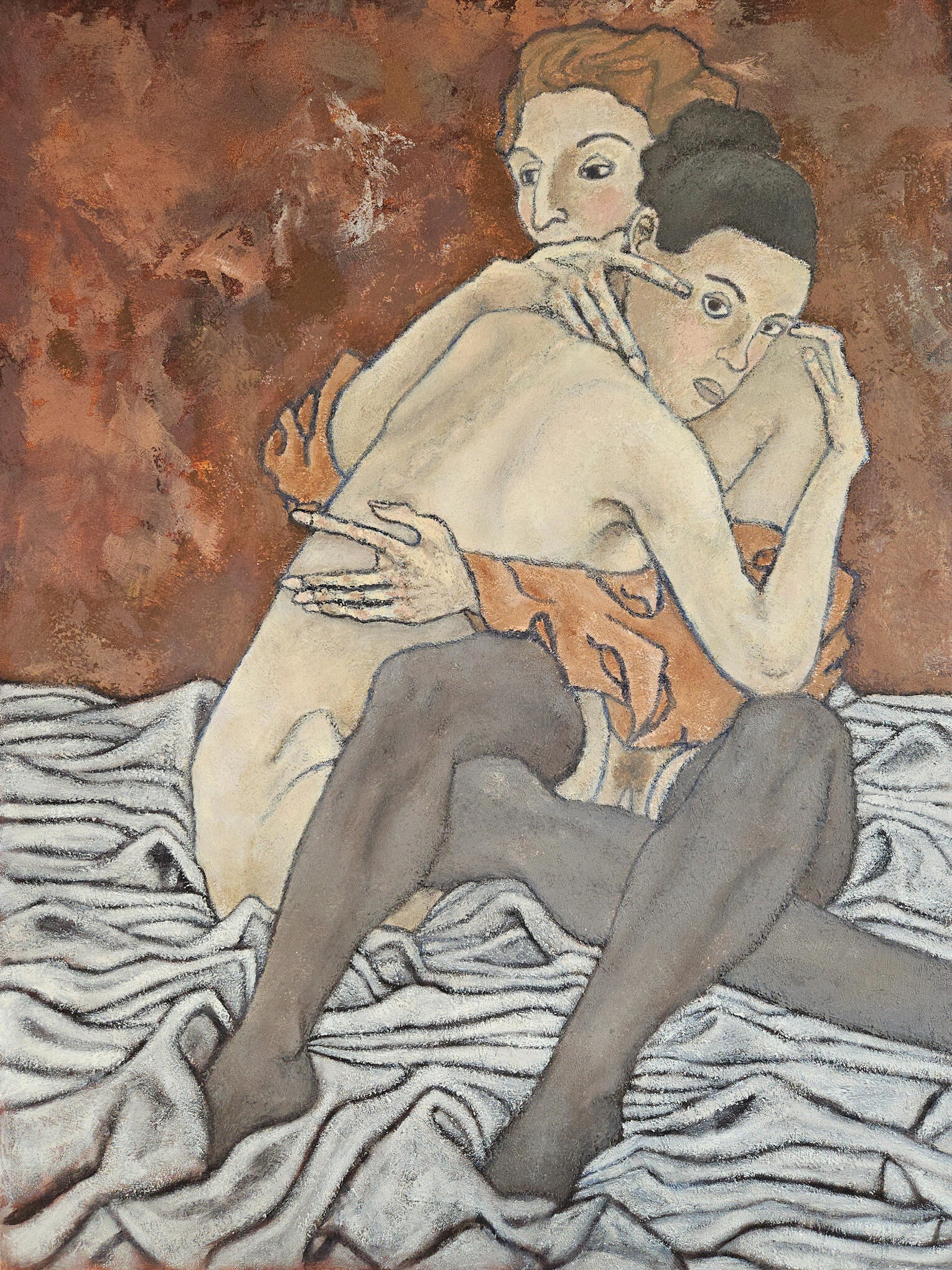 Exodus. Oil and cold wax on canvas, 102 × 76 cm, 2025 Exhibited at the group show “One Off”, Candid Arts Trust, London, 2025